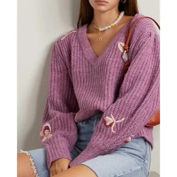 LoveShackFancy Ridge Sweater Floral Embroidered Balloon Sleeve Chunky Knit Berry - Picture 1 of 16
